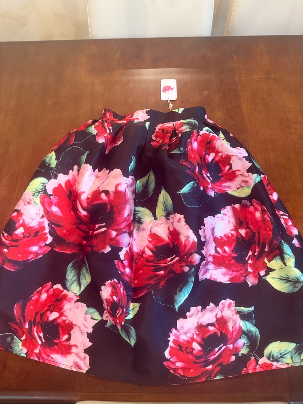 L'ATISTE Black A-Line Skirt with Red and Pink Rose Print